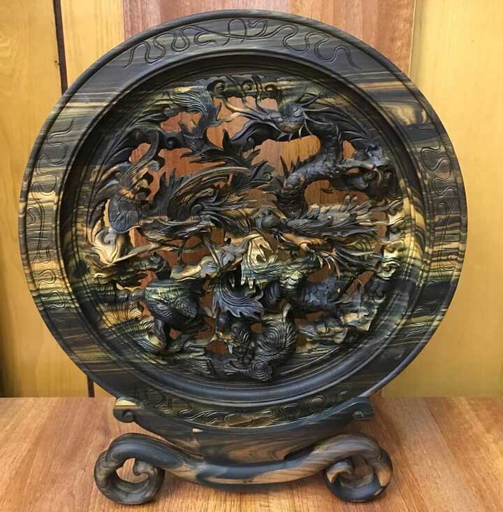 Đĩa tứ linh gỗ mun hoa loại nhỏ 43x37x3cm