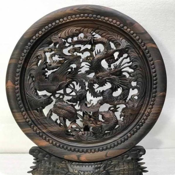 Đĩa tứ linh gỗ mun hoa đục tinh xảo 50x40x3.5cm