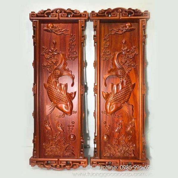 Tranh cá chép Lý Ngư Vọng Nguyệt gỗ hương 110x40cm