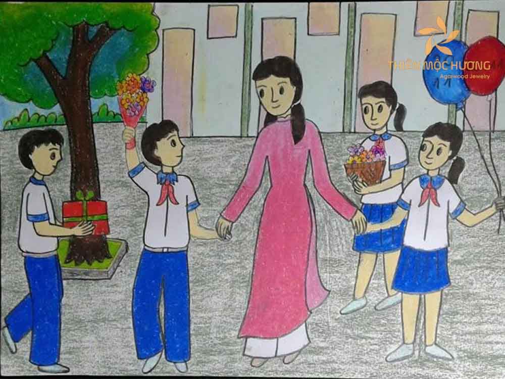 Tranh vẽ hình ảnh giáo viên đang vui vẻ cùng với học sinh