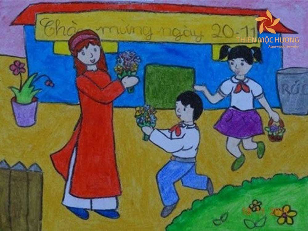 Hình vẽ học sinh tặng hoa cho cô trong ngày 20/11
