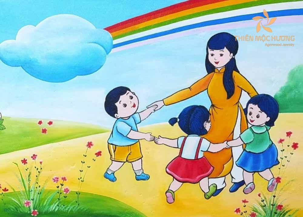 Hình ảnh cô giáo và trẻ đang nô đùa cùng nhau chúc mừng ngày Nhà giáo Việt Nam
