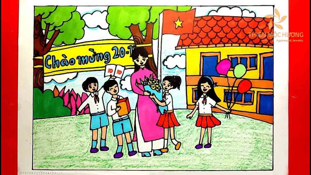 Tranh các học sinh đang chúc mừng cô giáo 20/11