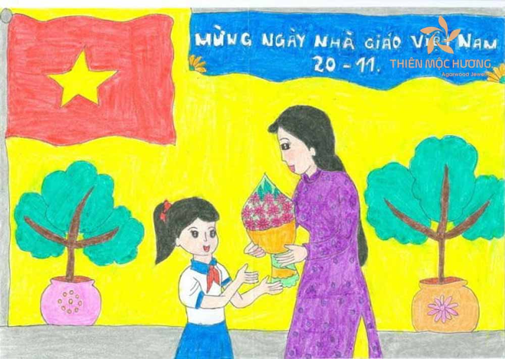 Tranh vẽ bé gái đang tặng hoa cho giáo viên