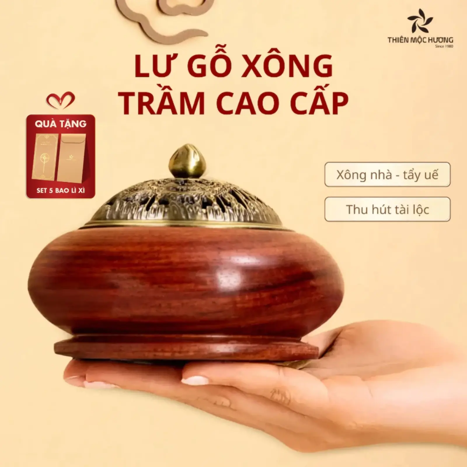 Lư Gỗ Đốt Trầm Hương Họa Tiết Long Phụng