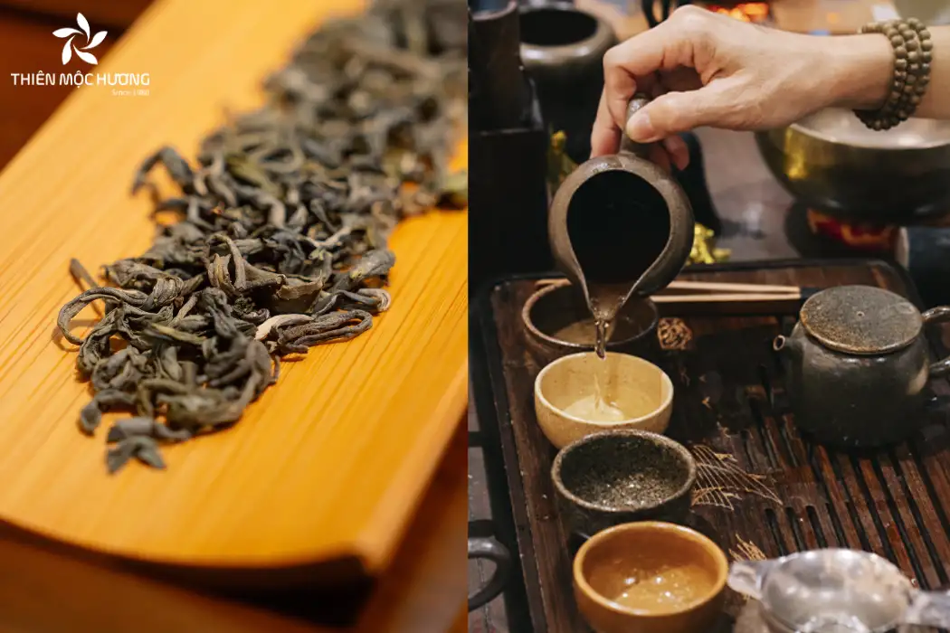 Trà trầm hương được chế biến từ lá, nụ và hoa cây Dó Bầu cổ thụ, trải qua quy trình chọn lọc, sao ủ cùng dăm trầm và bảo quản cẩn mật, mang đến hương thơm ấm áp cùng vị ngọt hậu 