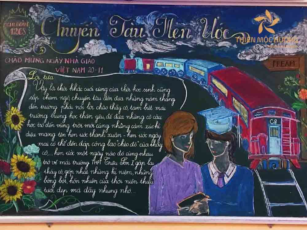 Mẫu trang trí bảng ngày 20/11 đơn giản với hình ảnh đoàn tàu