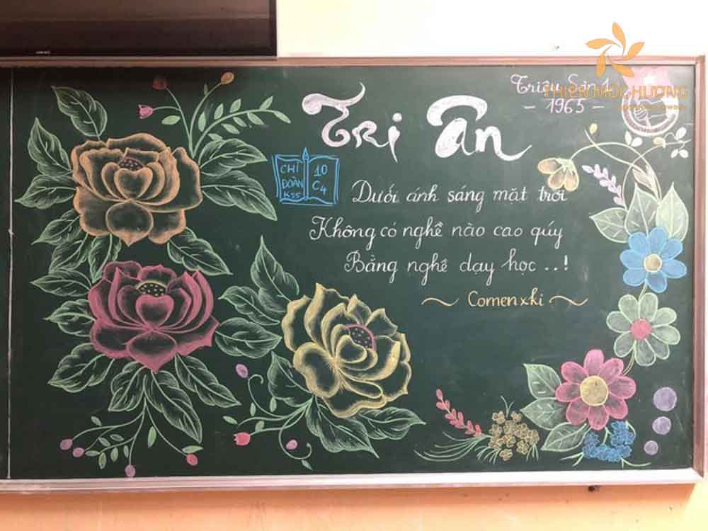 Mẫu trang trí bảng ngày 20/11 đơn giản bày tỏ sự tri ân bằng những dòng đối ngắn