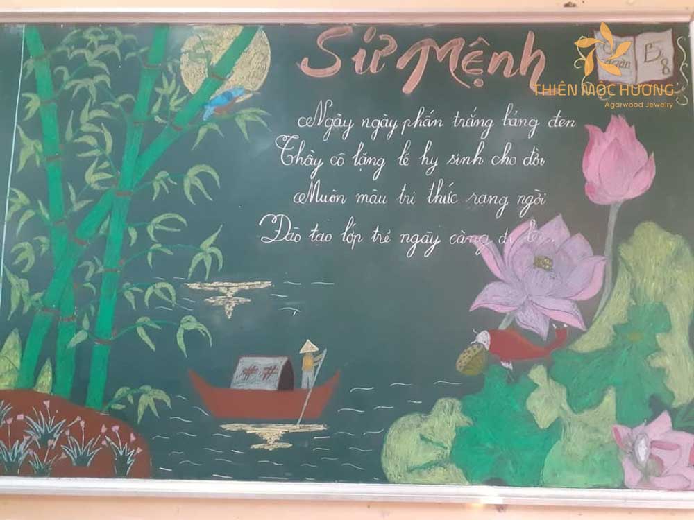 Mẫu trang trí bảng ngày 20/11 bằng phấn dùng hình ảnh đồng quê vô cùng thân thuộc